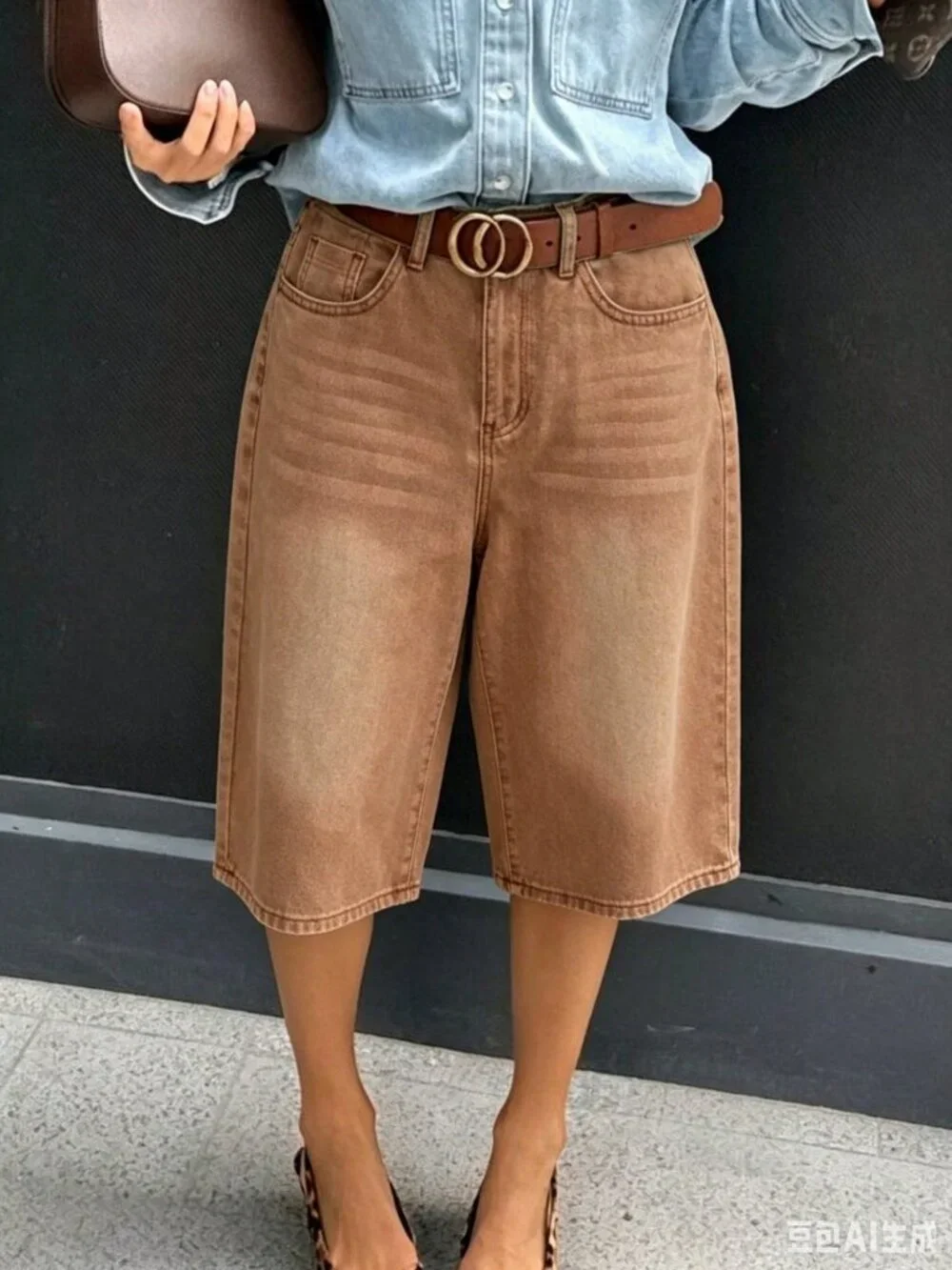 brown Women's Casual Denim Bermuda Shorts with Pockets